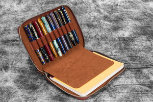 Leather Zippered 10 Slots Pen Case with A5 Notebook Holder - Aged Copper