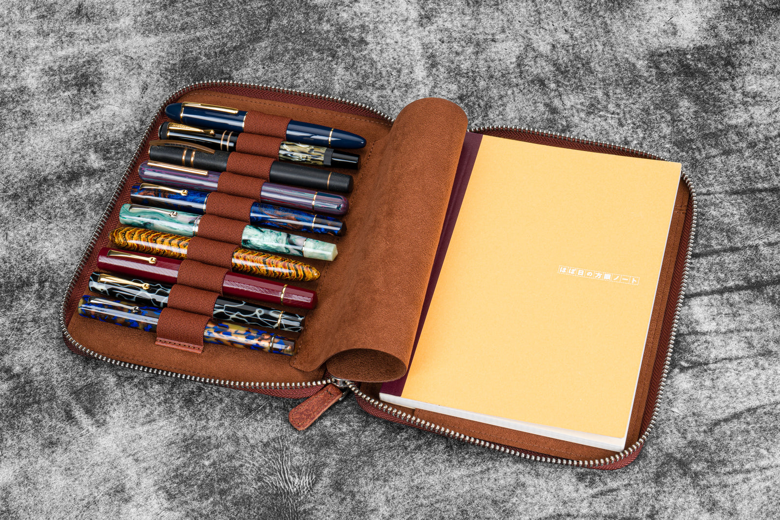 Leather Zippered 10 Slots Pen Case with A5 Notebook Holder - Aged Copper