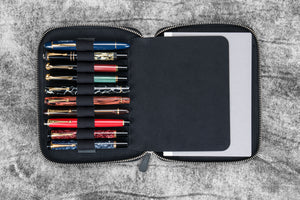 Leather Zippered 10 Slots Pen Case with A5 Notebook Holder - Crazy Horse Graphite