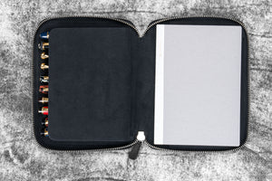 Leather Zippered 10 Slots Pen Case with A5 Notebook Holder - Crazy Horse Graphite