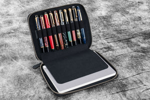 Leather Zippered 10 Slots Pen Case with A5 Notebook Holder - Crazy Horse Graphite