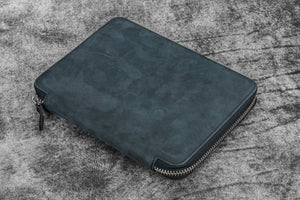 Leather Zippered 10 Slots Pen Case with A5 Notebook Holder - Crazy Horse Graphite