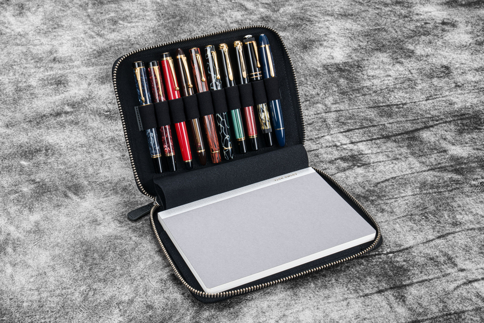 Leather Zippered 10 Slots Pen Case with A5 Notebook Holder - Crazy Horse Graphite