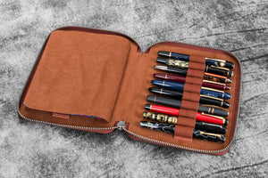 Leather Zippered 20 Slots Pen Case - Aged Copper