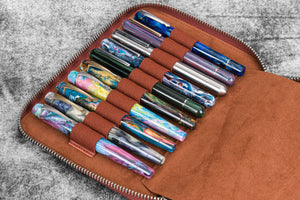 Leather Zippered 20 Slots Pen Case - Aged Copper