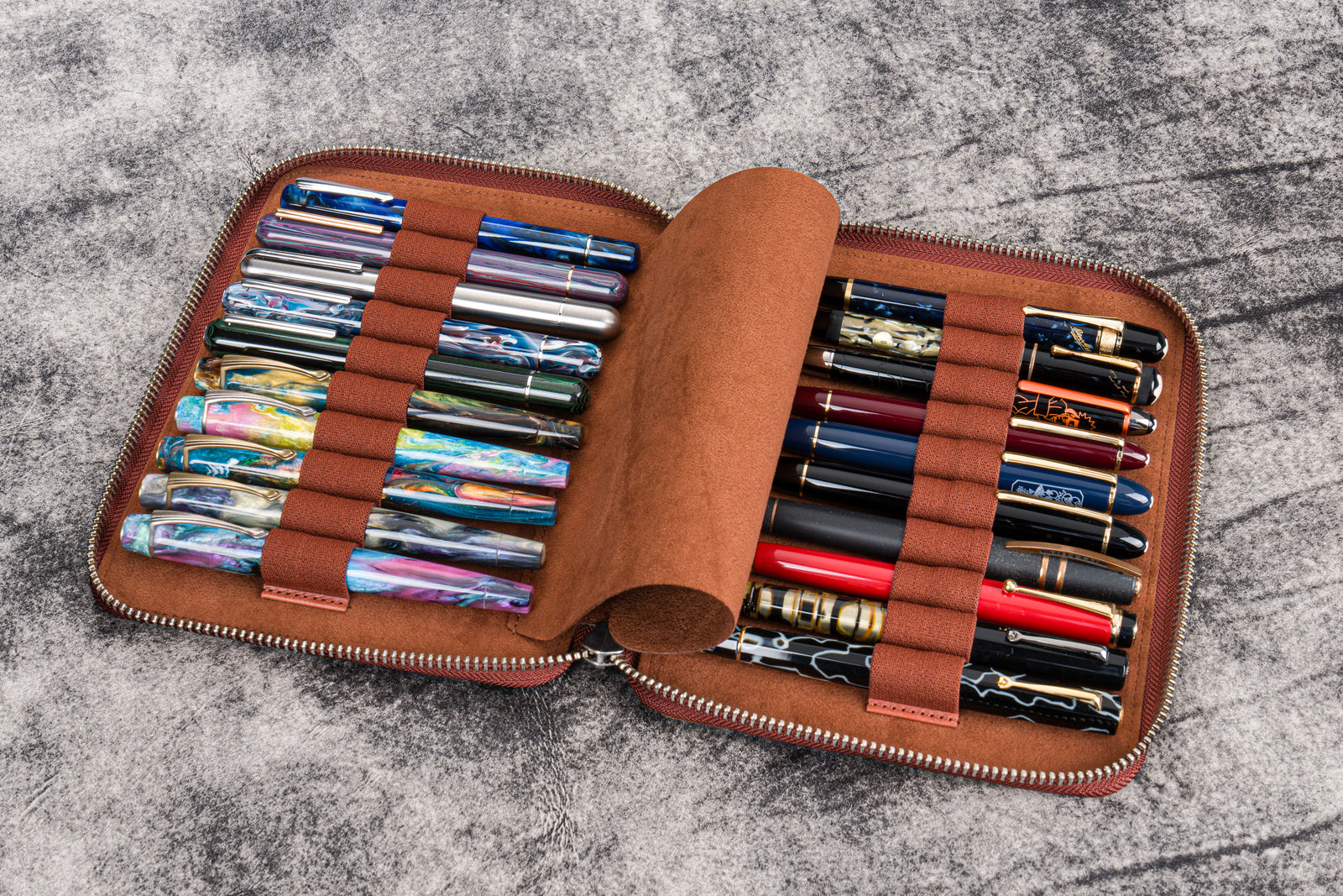 Leather Zippered 20 Slots Pen Case - Aged Copper