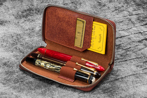 Leather Zippered 3 Slots Pen Case - Aged Copper