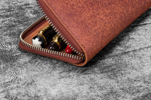Leather Zippered 3 Slots Pen Case - Aged Copper