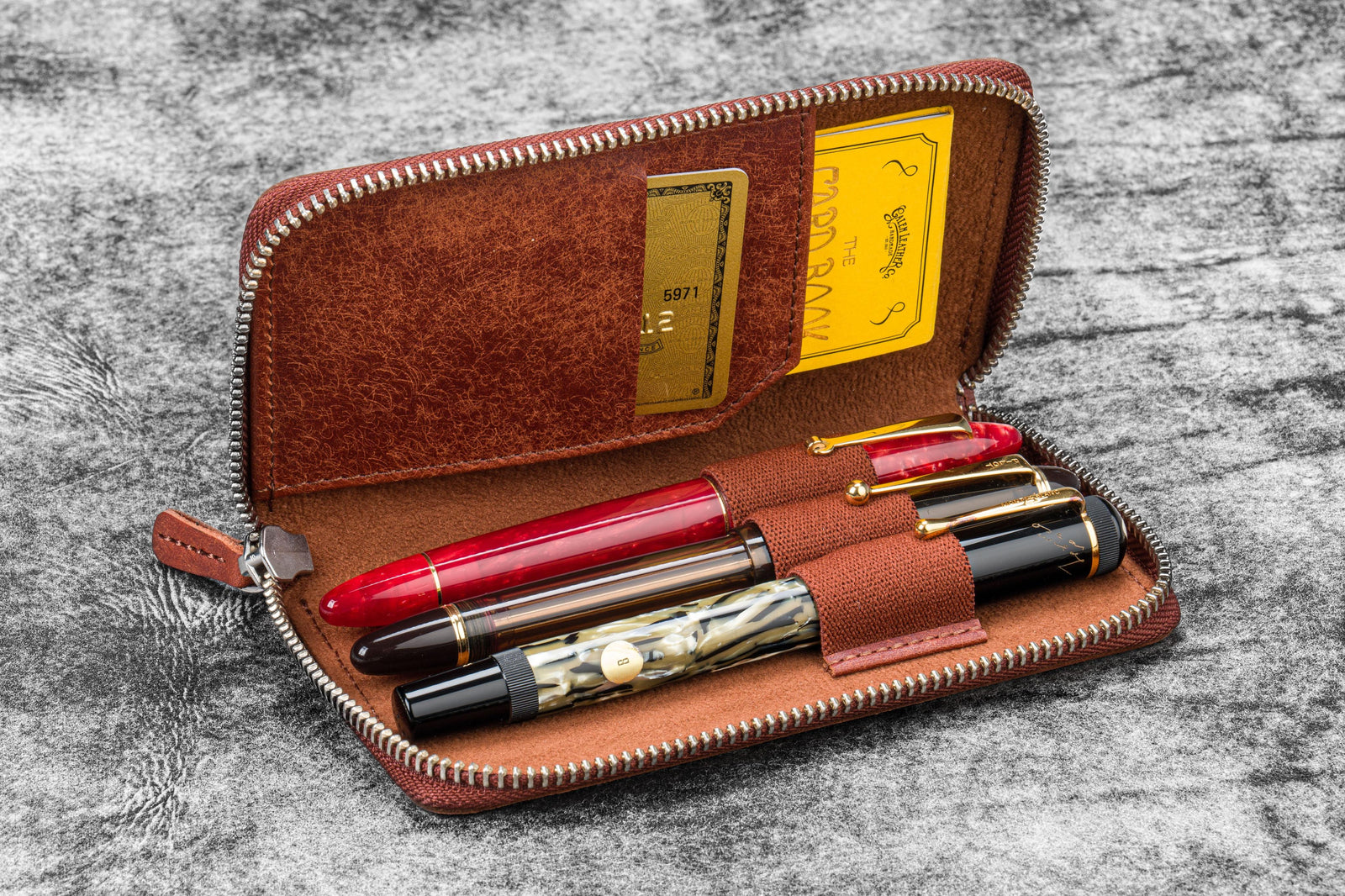 Leather Zippered 3 Slots Pen Case - Aged Copper