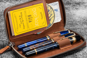 Leather Zippered 3 Slots Pen Case - C.H. Tan