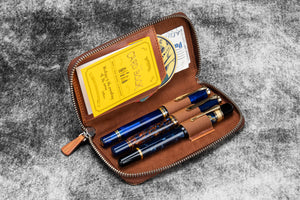 Leather Zippered 3 Slots Pen Case - C.H. Tan
