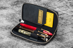 Leather Zippered 3 Slots Pen Case - Crazy Horse Graphite
