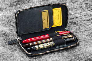 Leather Zippered 3 Slots Pen Case - Crazy Horse Graphite
