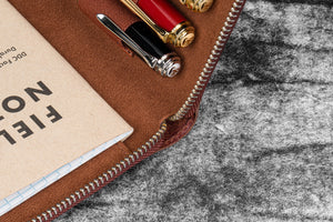 Leather Zippered 5 Slots Pen Case - Aged Copper