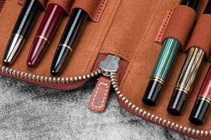 Leather Zippered 6 Slots Pen Case - Aged Copper