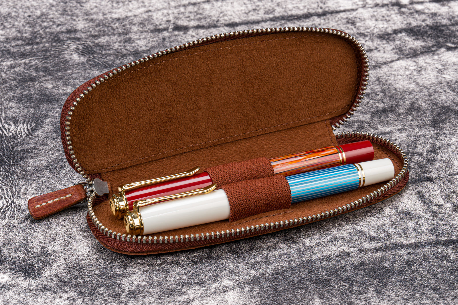 Leather Zippered Duo Slim Pen Case for 2 Pens - Aged Copper