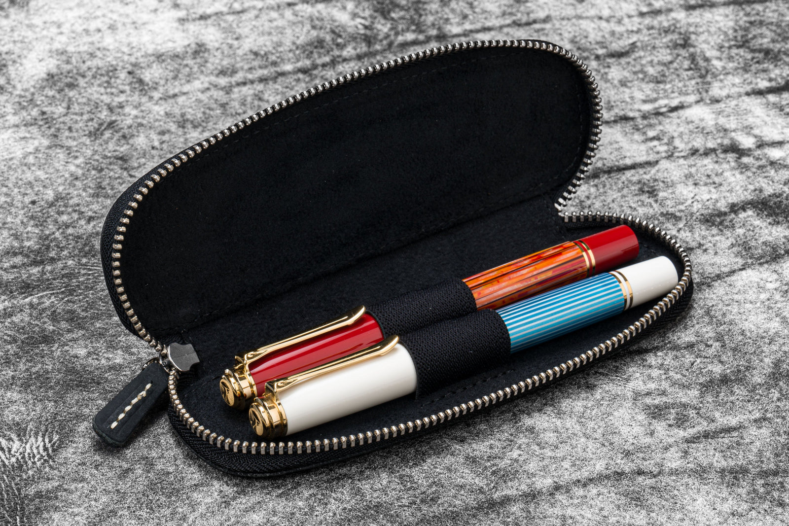 Leather Zippered Duo Slim Pen Case for 2 Pens - Crazy Horse Graphite