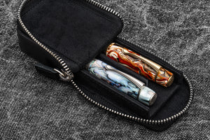 Leather Zippered Magnum Opus 2 Slots Hard Pen Case with Removable Pen Tray - Black