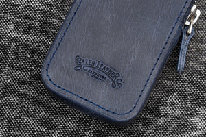 Leather Zippered Magnum Opus 2 Slots Hard Pen Case with Removable Pen Tray - Crazy Horse Navy Blue