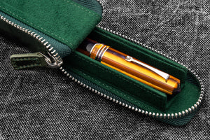 Leather Zippered Magnum Opus Single Hard Pen Case For Oversized Pens & Namiki Emperor - Crazy Horse Forest Green