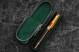 Leather Zippered Magnum Opus Single Hard Pen Case For Oversized Pens & Namiki Emperor - Crazy Horse Forest Green
