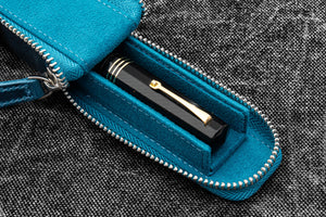 Leather Zippered Magnum Opus Single Hard Pen Case For Oversized Pens & Namiki Emperor - Crazy Horse Ocean Blue