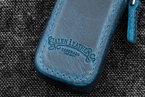 Leather Zippered Magnum Opus Single Hard Pen Case For Oversized Pens & Namiki Emperor - Crazy Horse Ocean Blue
