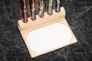 The Writer’s Pen Dock - 5 Slots Pen Stand with Notepad Holder - Undyed Leather
