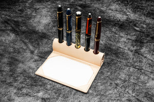 The Writer’s Pen Dock - 5 Slots Pen Stand with Notepad Holder - Undyed Leather