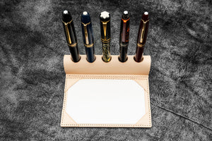 The Writer’s Pen Dock - 5 Slots Pen Stand with Notepad Holder - Undyed Leather