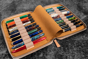 Leather Zippered 20 Slots Pen Case - Undyed Leather