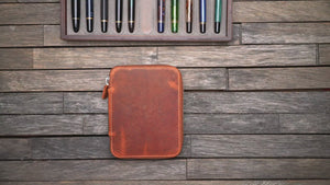 Leather Zippered 10 Slots Pen Case - Crazy Horse Brown