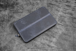 Leather Zippered Magnum Opus 12 Slots Hard Pen Case with Removable Pen Tray - Crazy Horse Navy Blue