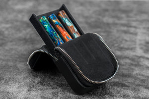 Leather Zippered Magnum Opus 3 Slots Hard Pen Case with Removable Pen Tray - Black