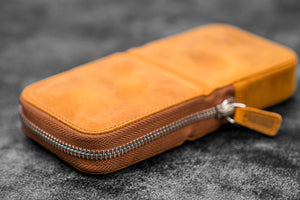 Leather Zippered Magnum Opus 3 Slots Hard Pen Case with Removable Pen Tray - Crazy Horse Brown
