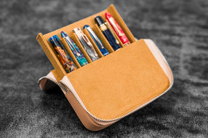 Leather Zippered Magnum Opus 6 Slots Hard Pen Case with Removable Pen Tray - Undyed Leather