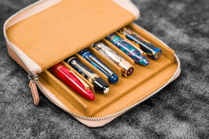 Leather Zippered Magnum Opus 6 Slots Hard Pen Case with Removable Pen Tray - Undyed Leather