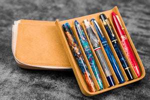 Leather Zippered Magnum Opus 6 Slots Hard Pen Case with Removable Pen Tray - Undyed Leather