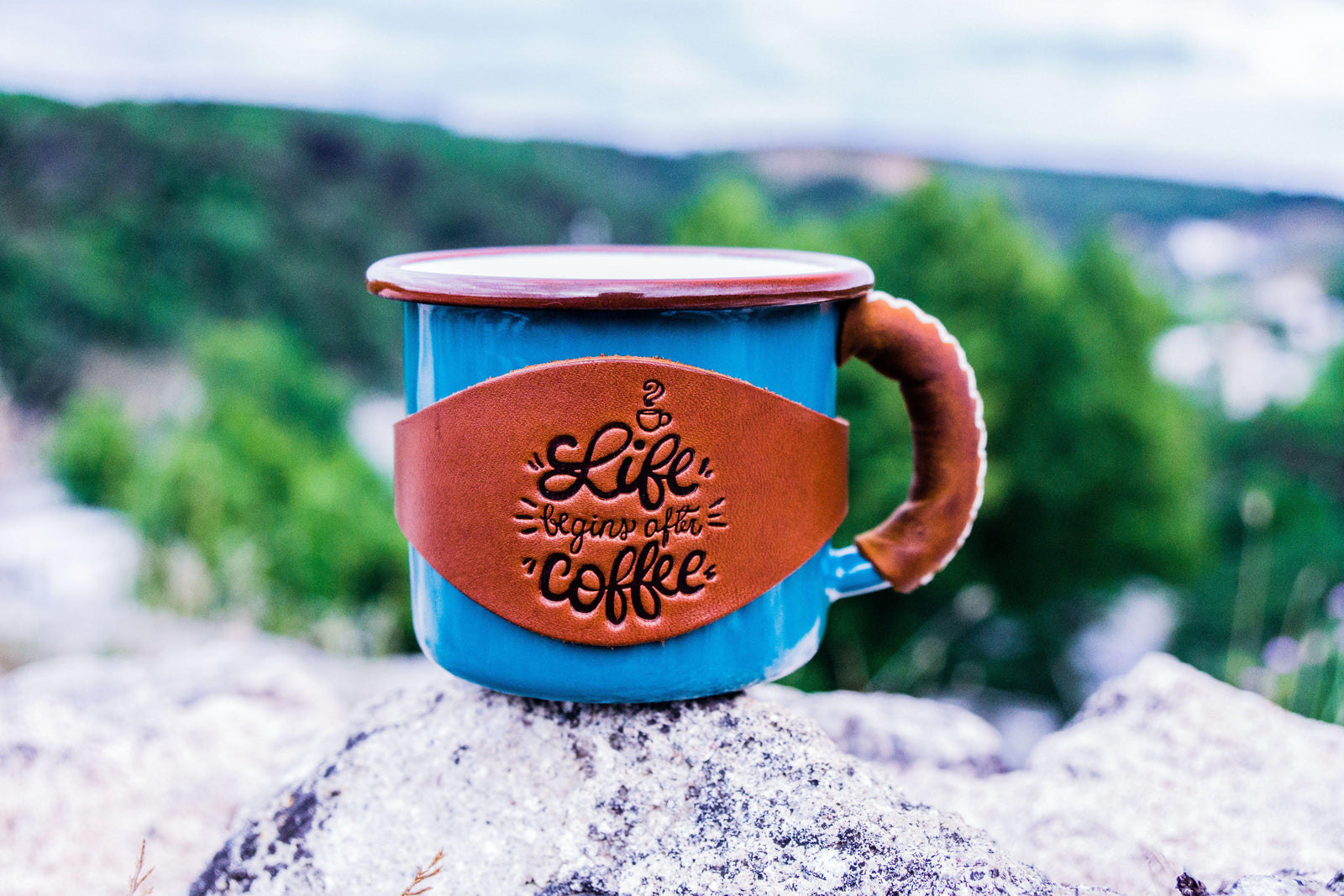 Enamel Mug with Leathered Handle - Turquoise