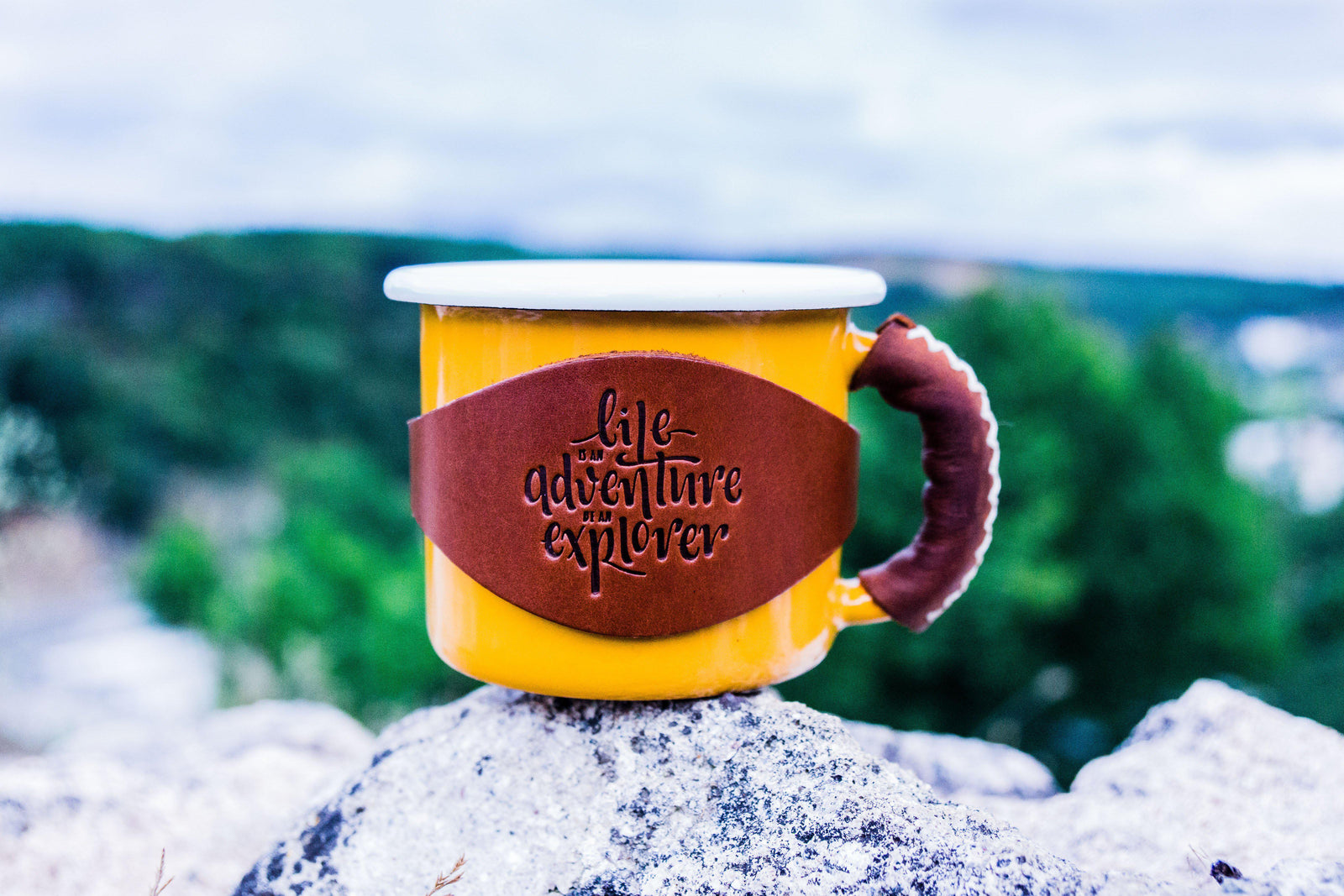 Enamel Mug with Leathered Handle - Yellow