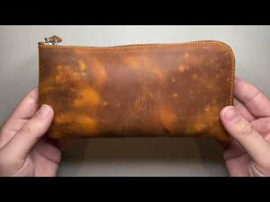 Leather Slip-N-Zip 4 Slots Zippered Pen Pouch - Crazy Horse Brown