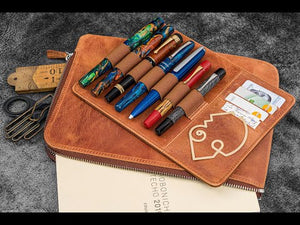 Leather Zippered Writer's Bank Bag - Pen Pouch - Crazy Horse Navy Blue