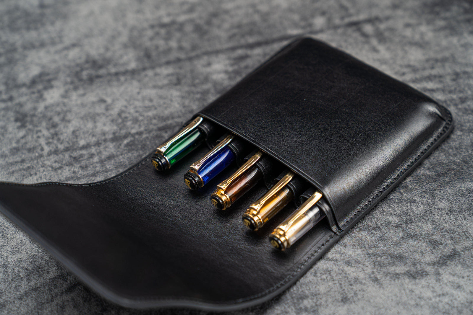 Leather Flap Pen Case for Five Pens - Black