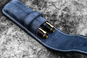 Leather Flap Pen Case for Two Pens - Crazy Horse Navy Blue