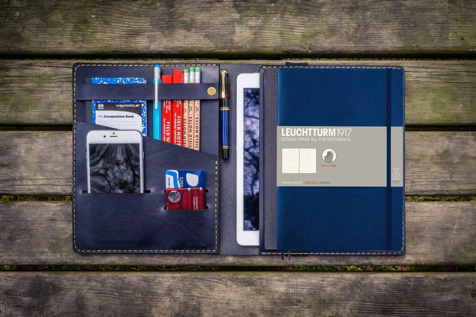 Leather Leuchtturm1917 B5 Notebook & iPad Air/Pro Cover - Navy Blue