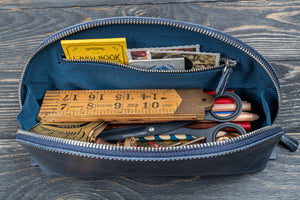 Leather Lunar Makeup / Toiletry Bag - Crazy Horse Navy Blue