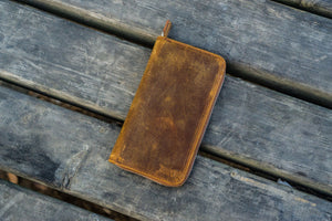 Leather Zippered 3 Slots Pen Case - Crazy Horse Brown