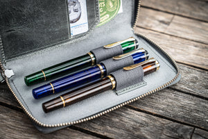 Leather Zippered 3 Slots Pen Case - Crazy Horse Smoky