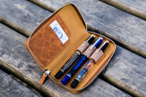Leather Zippered 3 Slots Pen Case - Rustic Brown