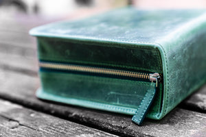 Leather Zippered 40 Slots Pen Case - Crazy Horse Forest Green